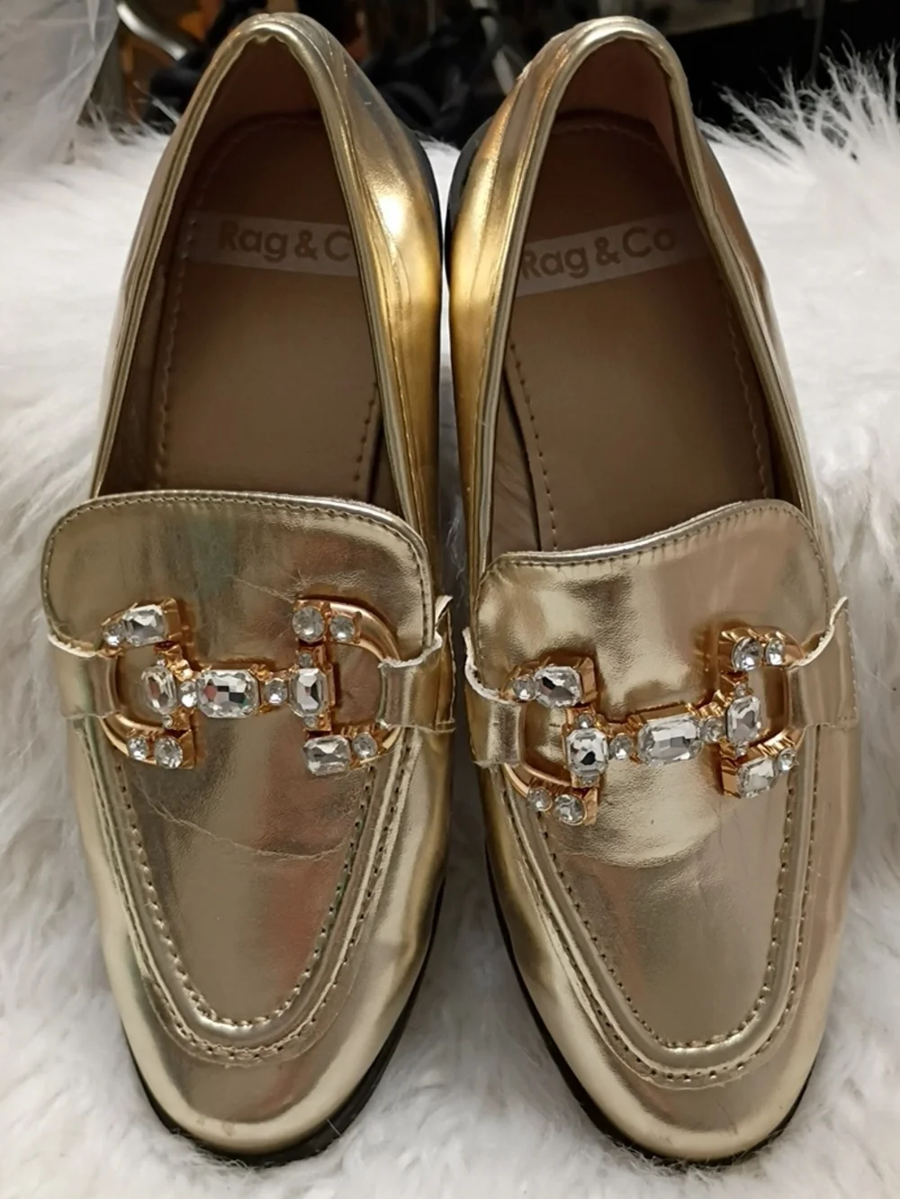 New Rag & Co Women's Metallic Gold Dendron Diamante Loafers with Crystal Accents